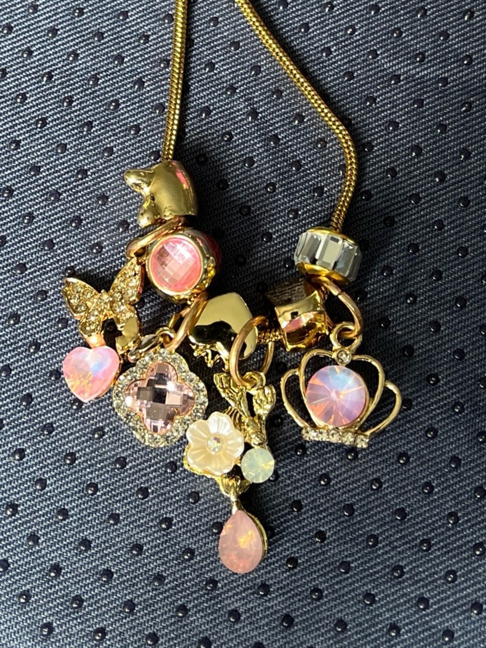 Gold-tone Pink Crystal Charm Necklace - Women Jewelry